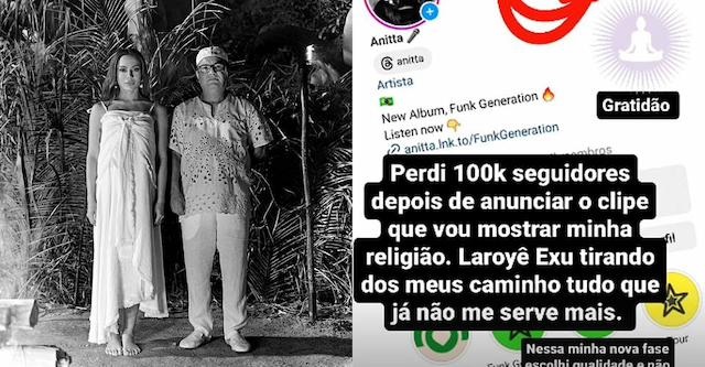 Anitta perde 100 mil seguidores após postar fotos em terreiro de candomblé