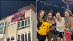 Amigas levam faixa, estatueta e Pikachus para assistirem ao Oscar na Barra