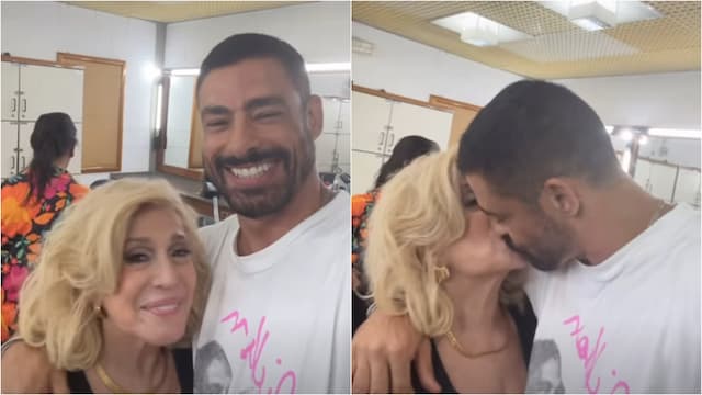 Cauã Reymond e Susana Vieira se beijam nos bastidores de gravação