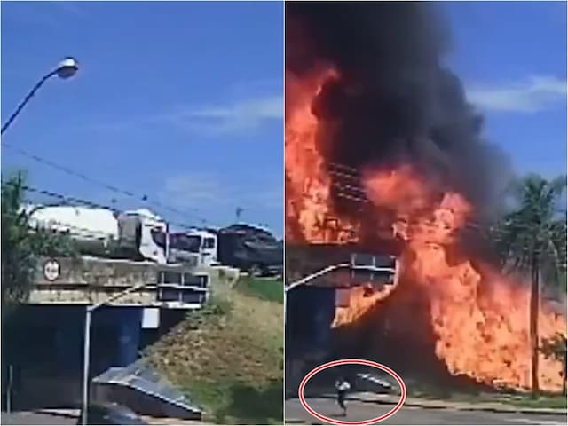 Caminhão explode após batida em viaduto; motorista pula para se salvar